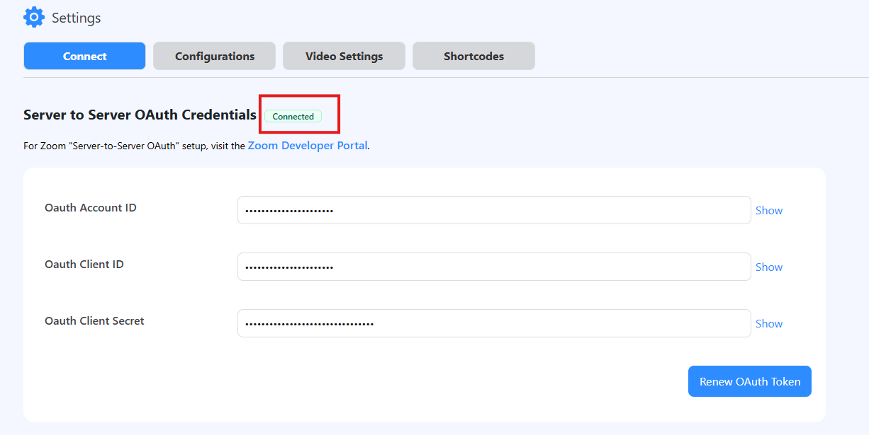 ZooMeet WordPress plugin showing a successfully connected Zoom account for meetings and webinars