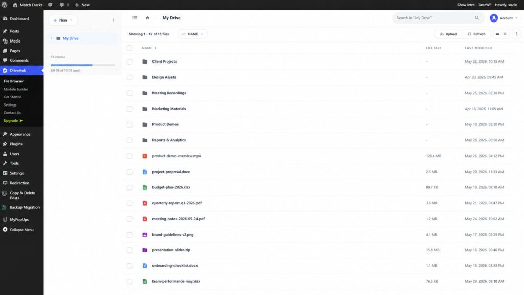 DriveHub File Browser showing connected Google Drive folders and files in WordPress.