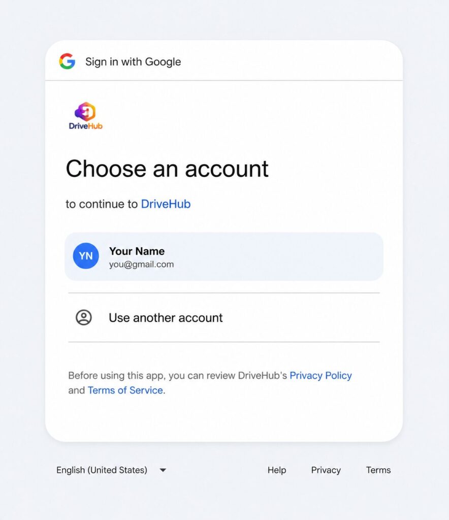 Google account chooser displayed during DriveHub authorization.