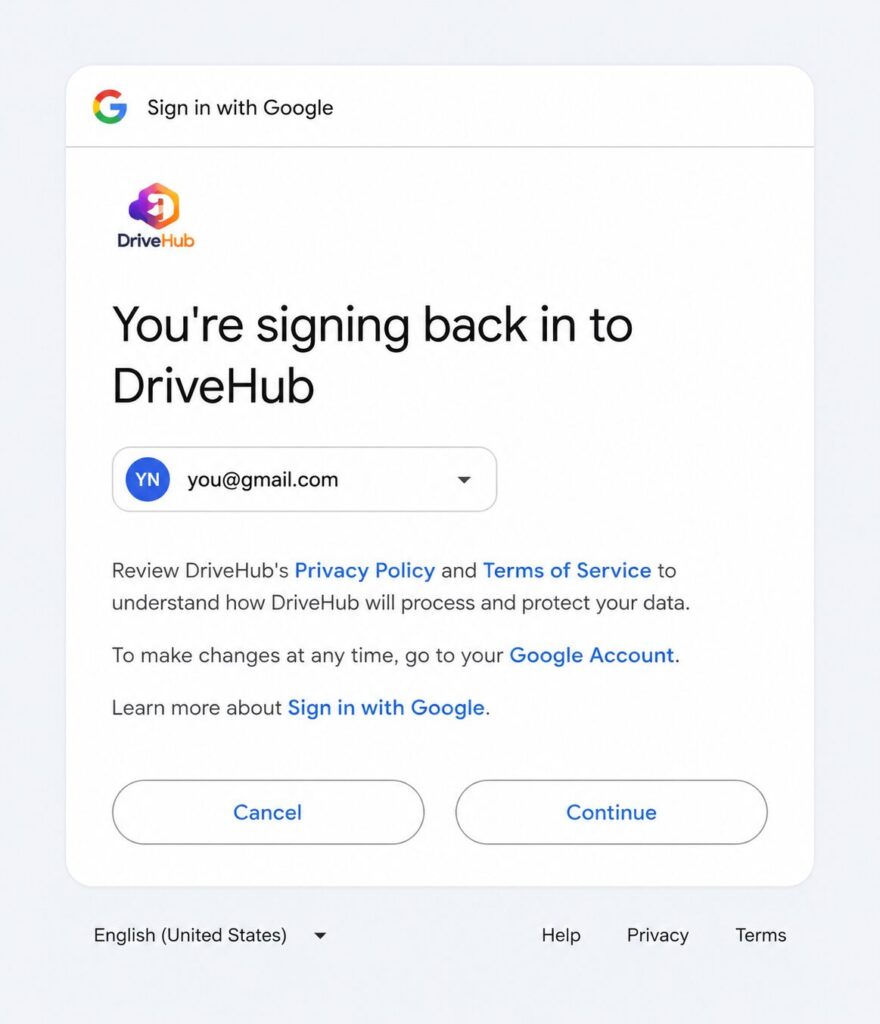 Google signing back in screen for DriveHub.