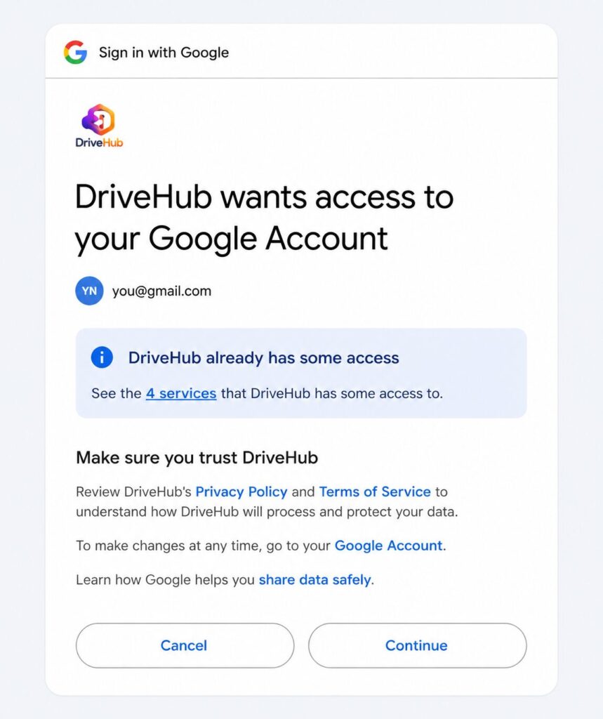 Google consent screen showing DriveHub account access information.