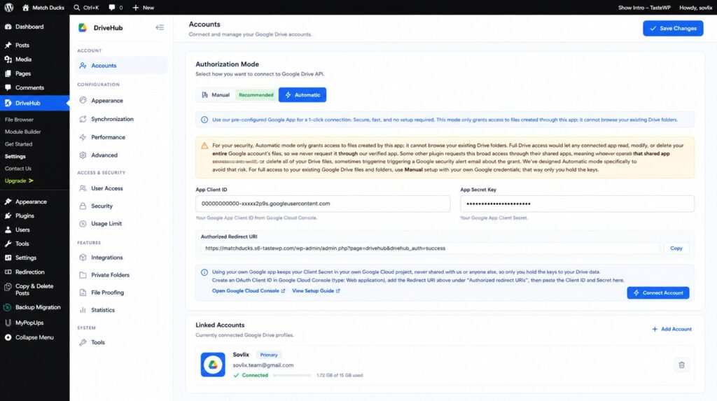 DriveHub Linked Accounts section showing a connected Google account.