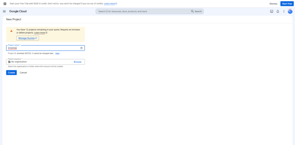 Google Cloud New Project page with DriveHub entered as the project name.