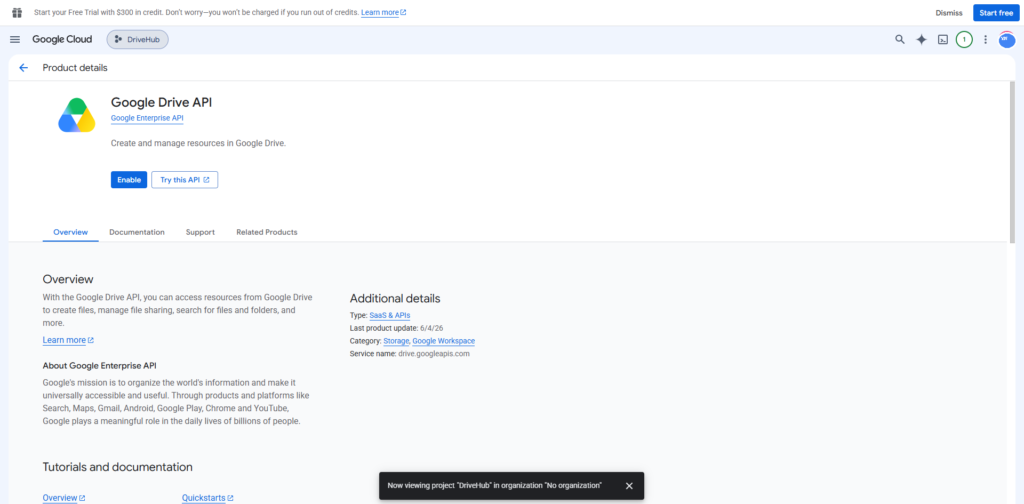 Google Drive API page in Google Cloud with the Enable button.