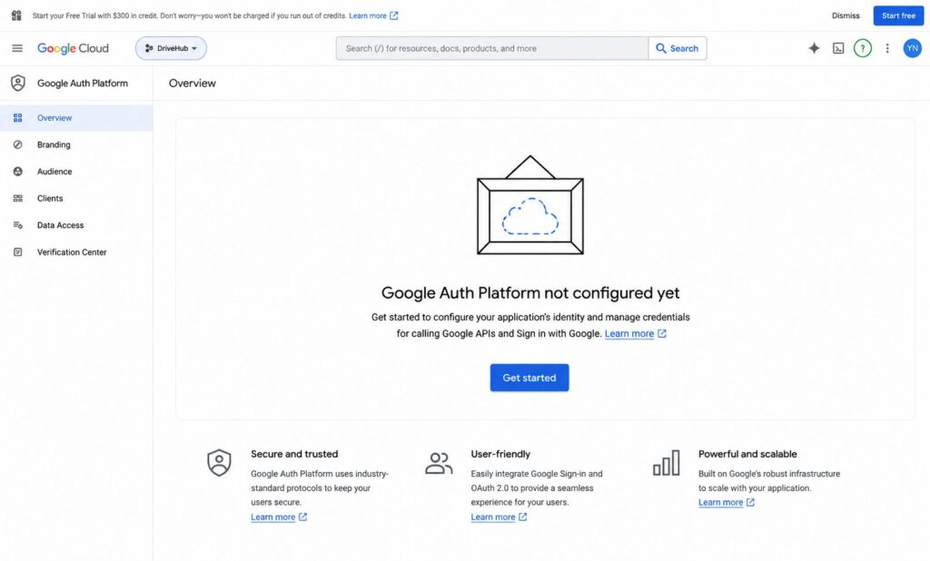 Google Auth Platform overview showing the Get started button.