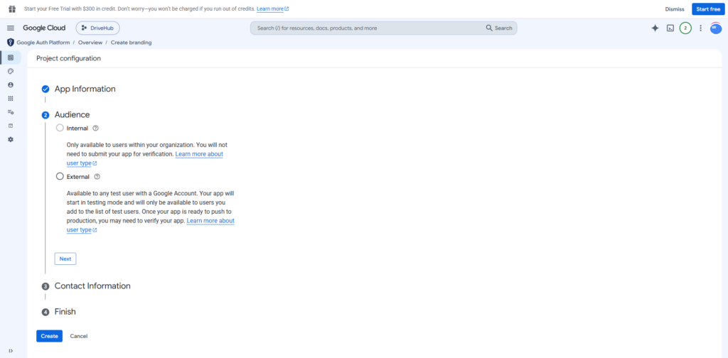 Google Auth Platform Audience step with Internal and External options.