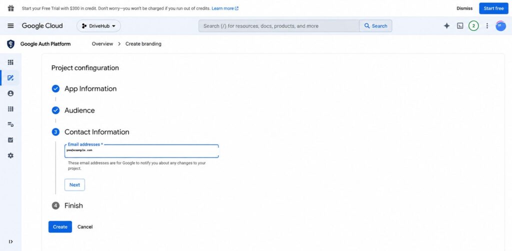 Google Auth Platform Contact Information step with an email address field.
