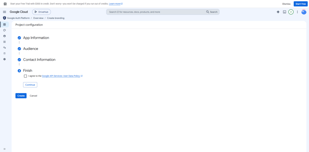 Google Auth Platform Finish step with the User Data Policy agreement.
