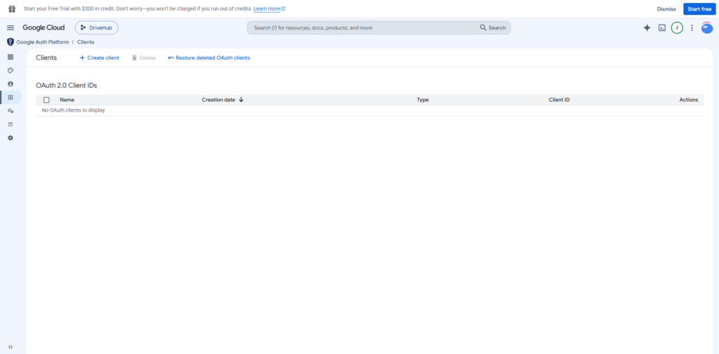 Empty OAuth 2.0 Clients page with the Create client button.