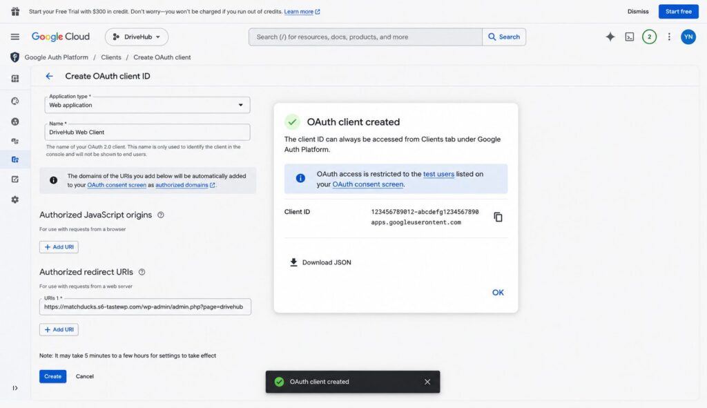 Google OAuth client created confirmation with Client ID and Download JSON option.