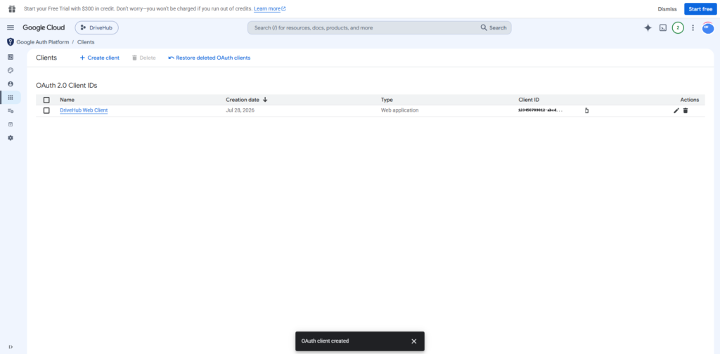 Google Auth Platform Clients page showing the DriveHub Web Client.