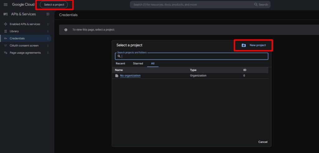 Creating a new project in Google Cloud Console