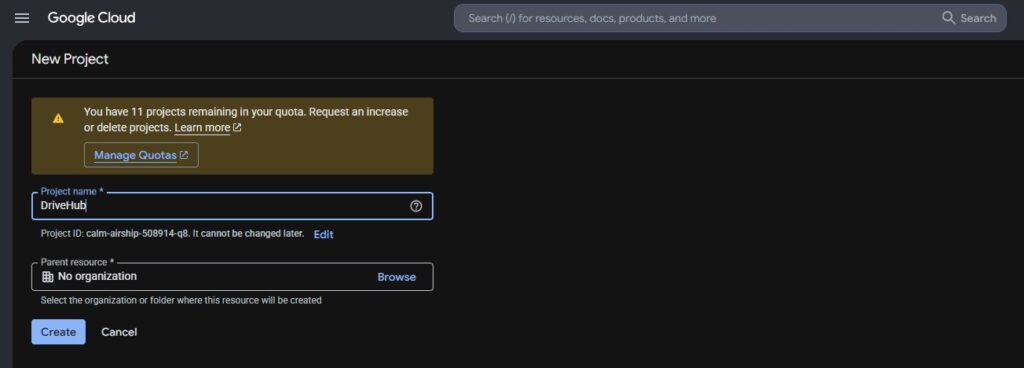Creating a project named DriveHub inside Google Cloud console