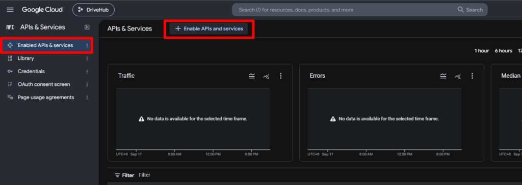 Clicking on Enable APIs and Services under Google Cloud Console