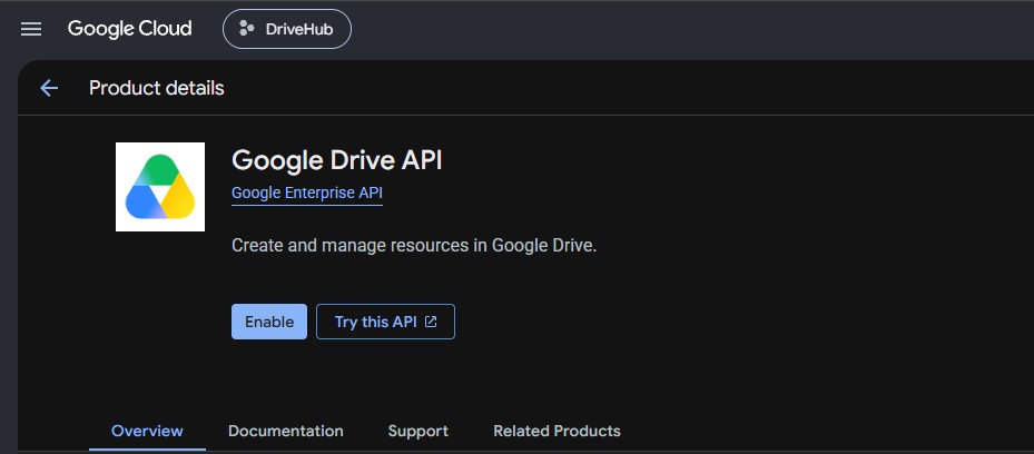 Google Drive API page in Google Cloud with the Enable button.