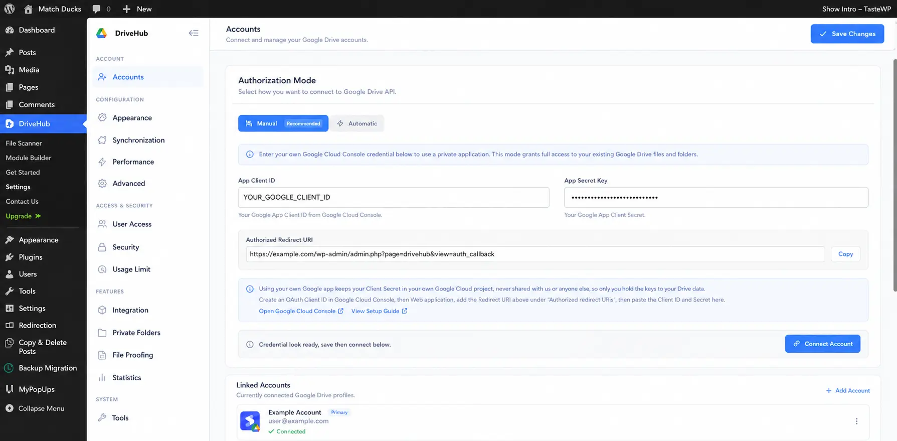 DriveHub Manual Google Drive connection settings showing example OAuth credentials and the authorized redirect URI.