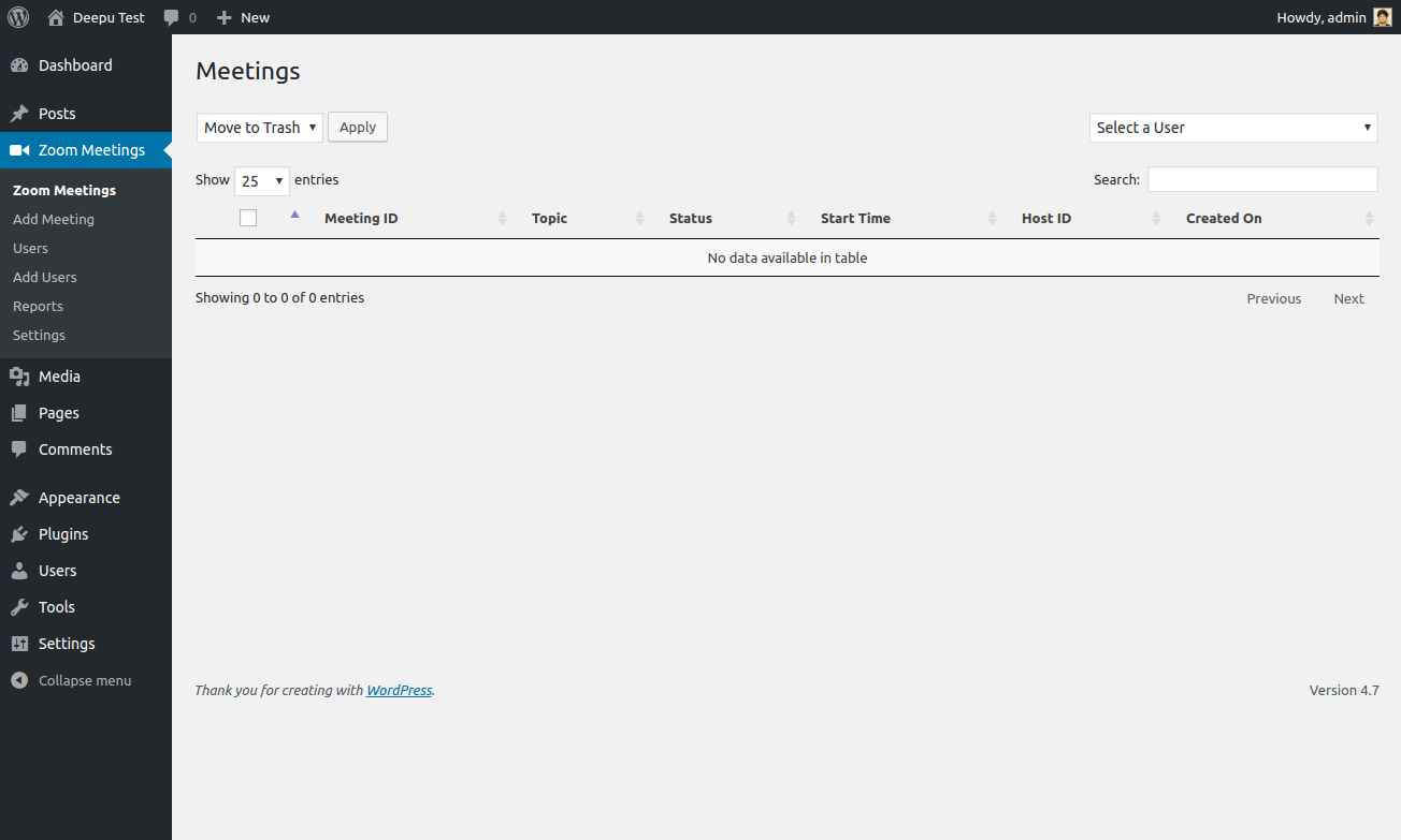 Video Conferencing with Zoom plugin dashboard in WordPress