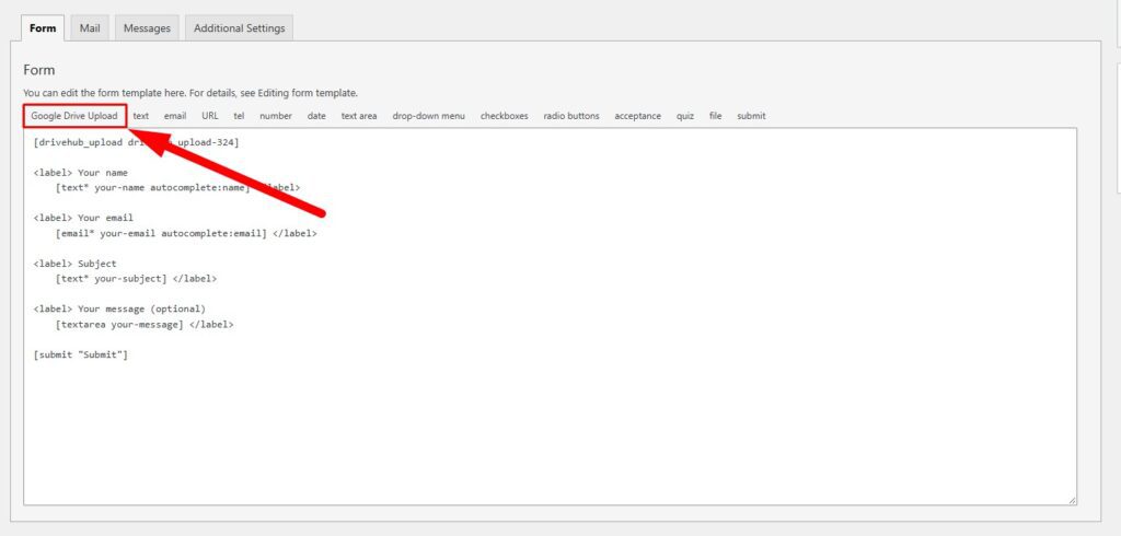 From the Form tab, check for the Google Drive Upload option.
