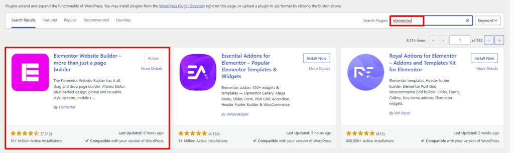 Install and activate elementor