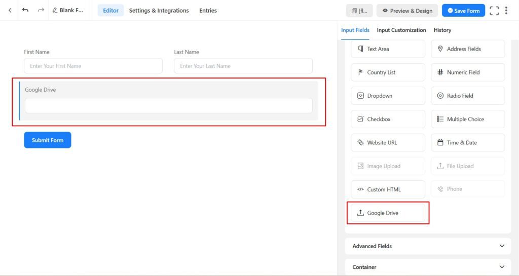 Adding a Google Drive Field