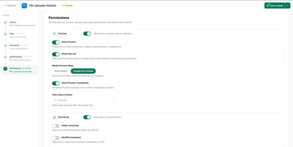 Permissions tab settings