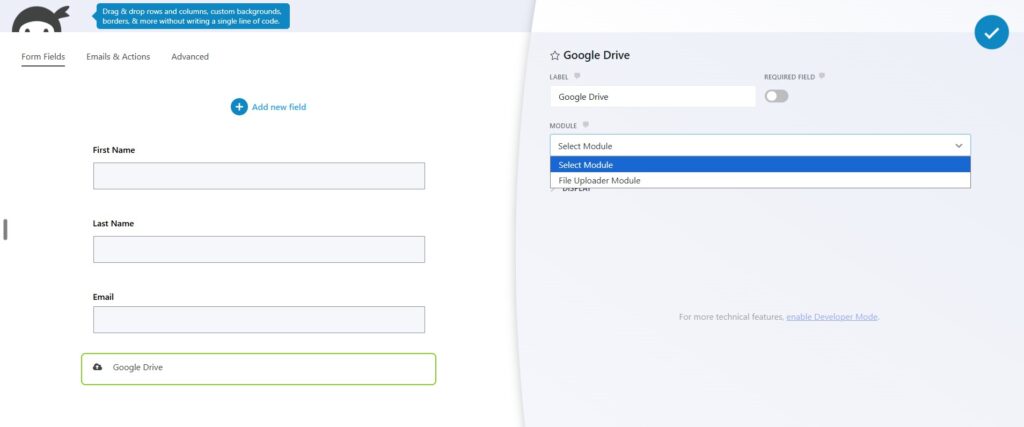 Adding the Google Drive module inside Ninja form