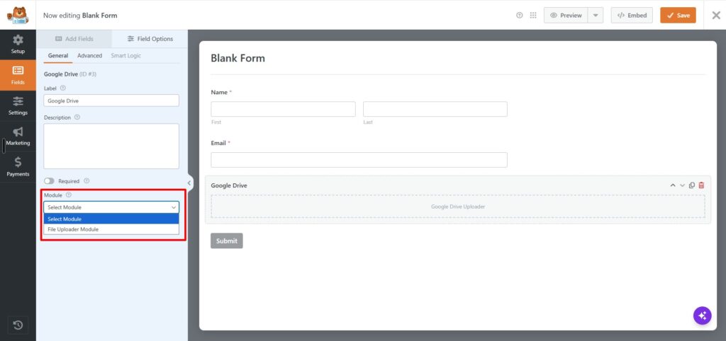 Adding a file uploader module inside WPForms