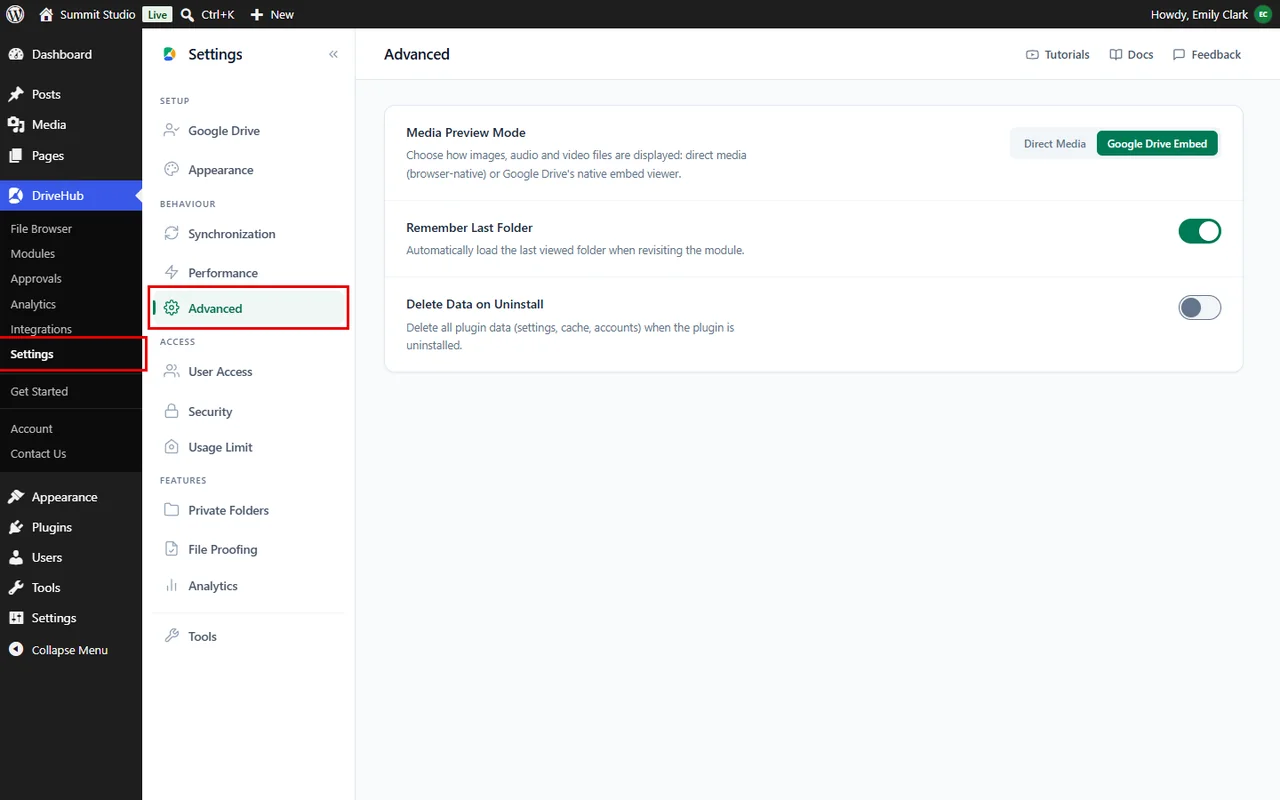 Opening the Advanced tab in DriveHub settings