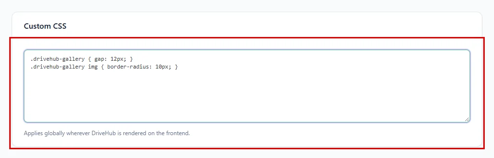 Two CSS rules typed into the Custom CSS box