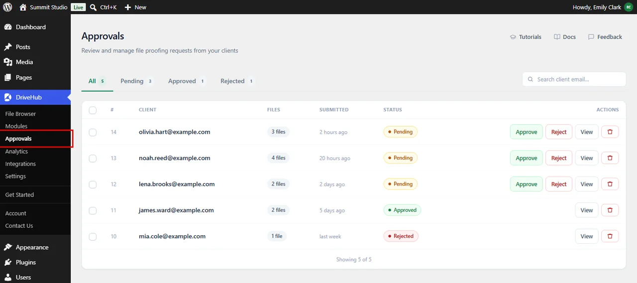 The Approvals page with client submissions