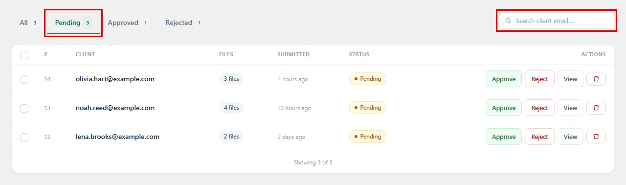 The Pending tab and the Search client email box