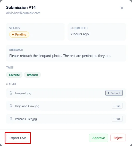 The Export CSV button in the submission window