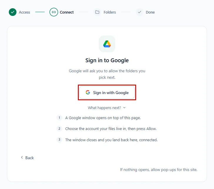 The Sign in to Google step with the Sign in with Google button highlighted