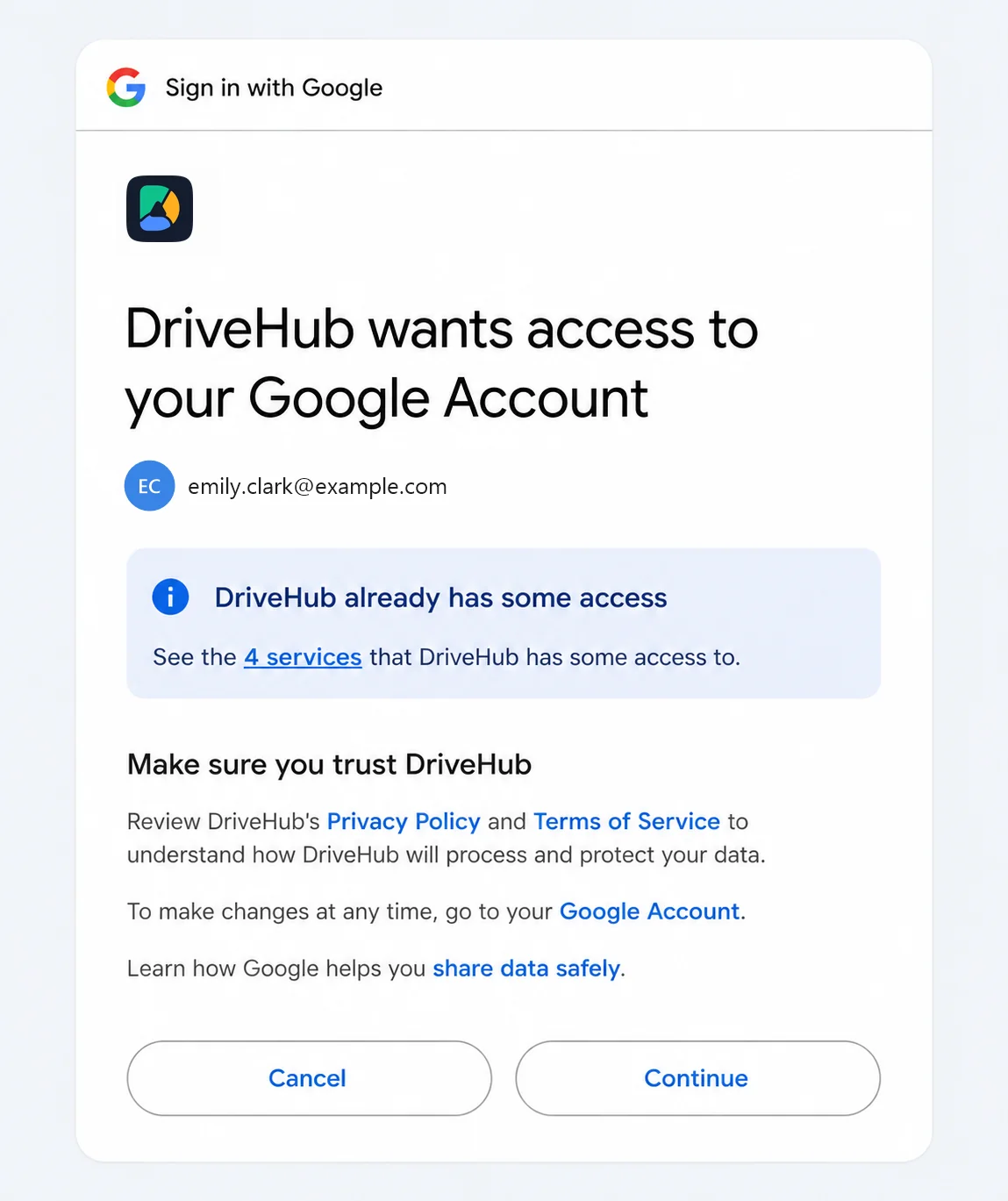 Google asking for permission for DriveHub