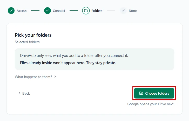 The Pick your folders step with Choose folders highlighted