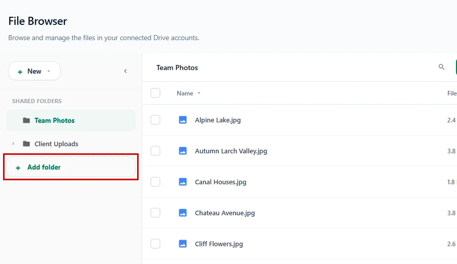 The Shared Folders list in the File Browser with Add folder highlighted