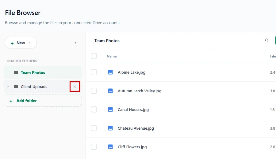 Removing a shared folder from the File Browser sidebar