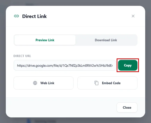 The Direct Link window showing the preview link