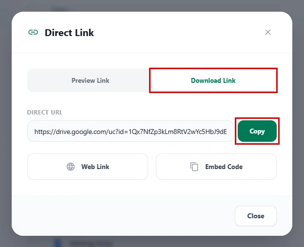 The Direct Link window on the Download Link tab