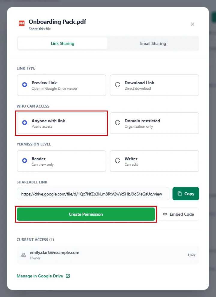 Choosing Anyone with link and clicking Create Permission