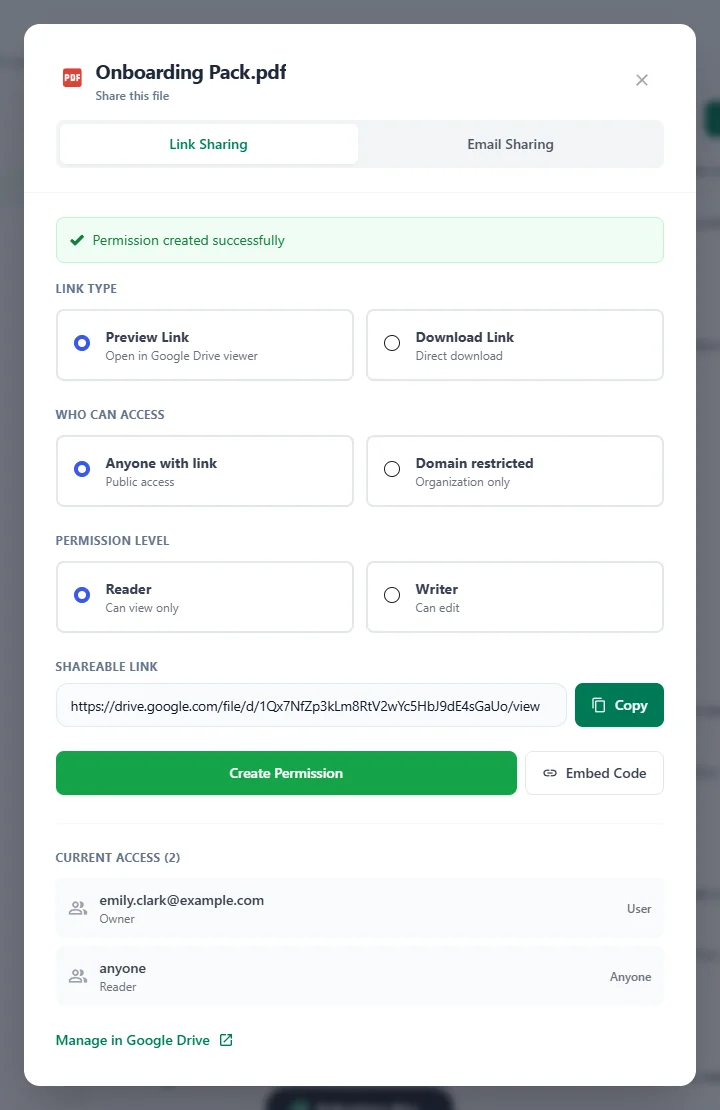 The file is now shared with anyone who has the link