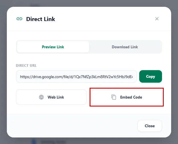 Copying the embed code from the Direct Link window