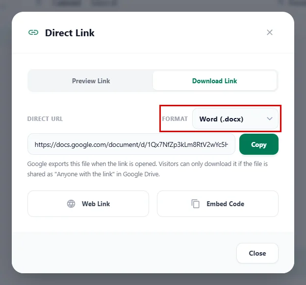 Choosing Word (.docx) as the download format for a Google Doc