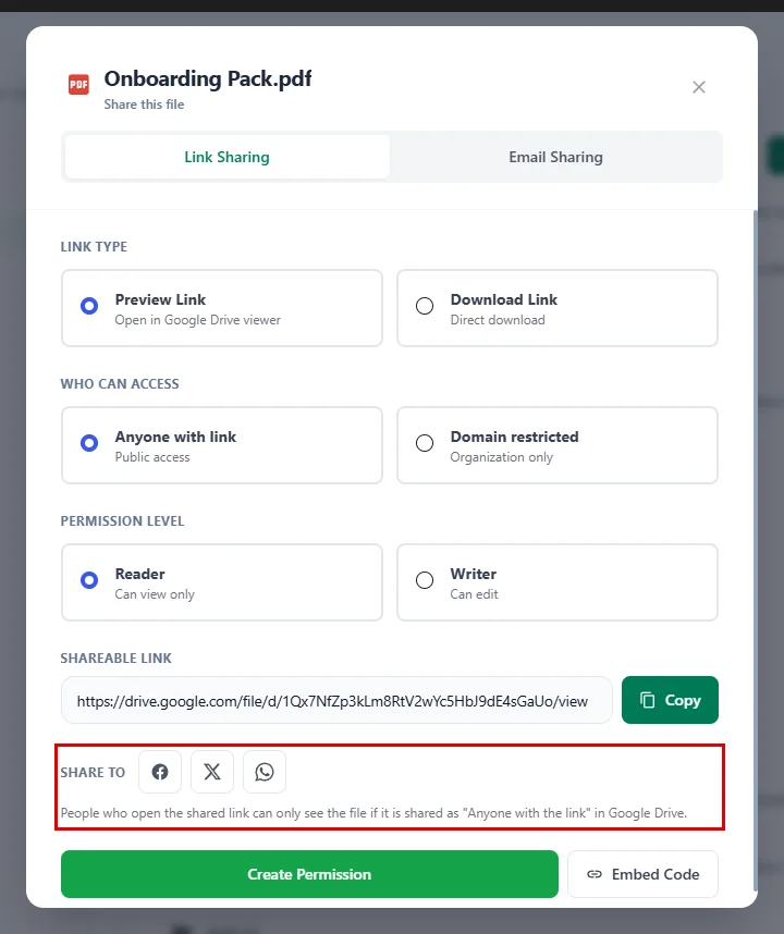 The Share to row with Facebook, X (Twitter) and WhatsApp buttons in the Share window