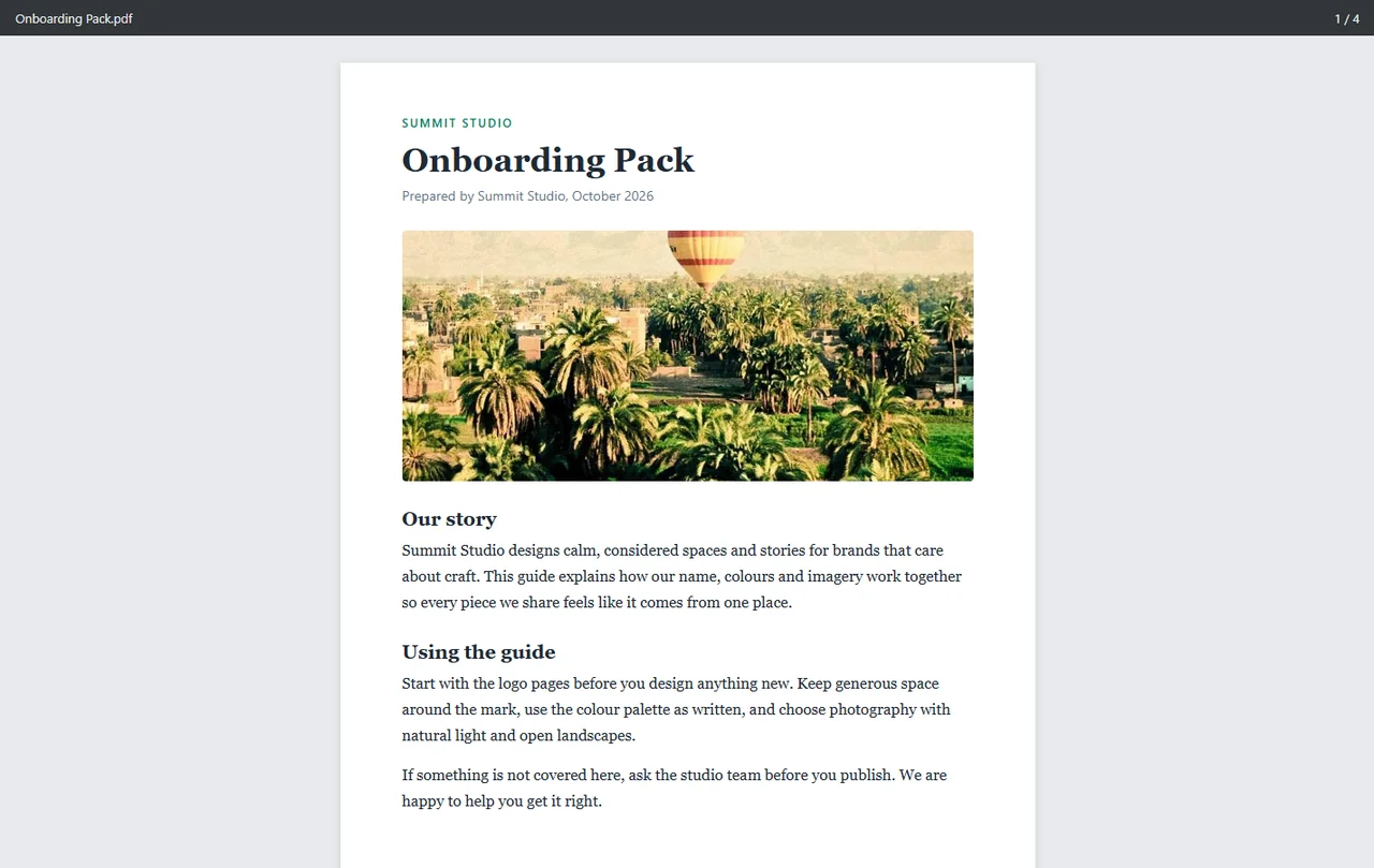 A visitor opening the Preview Link of Onboarding Pack.pdf