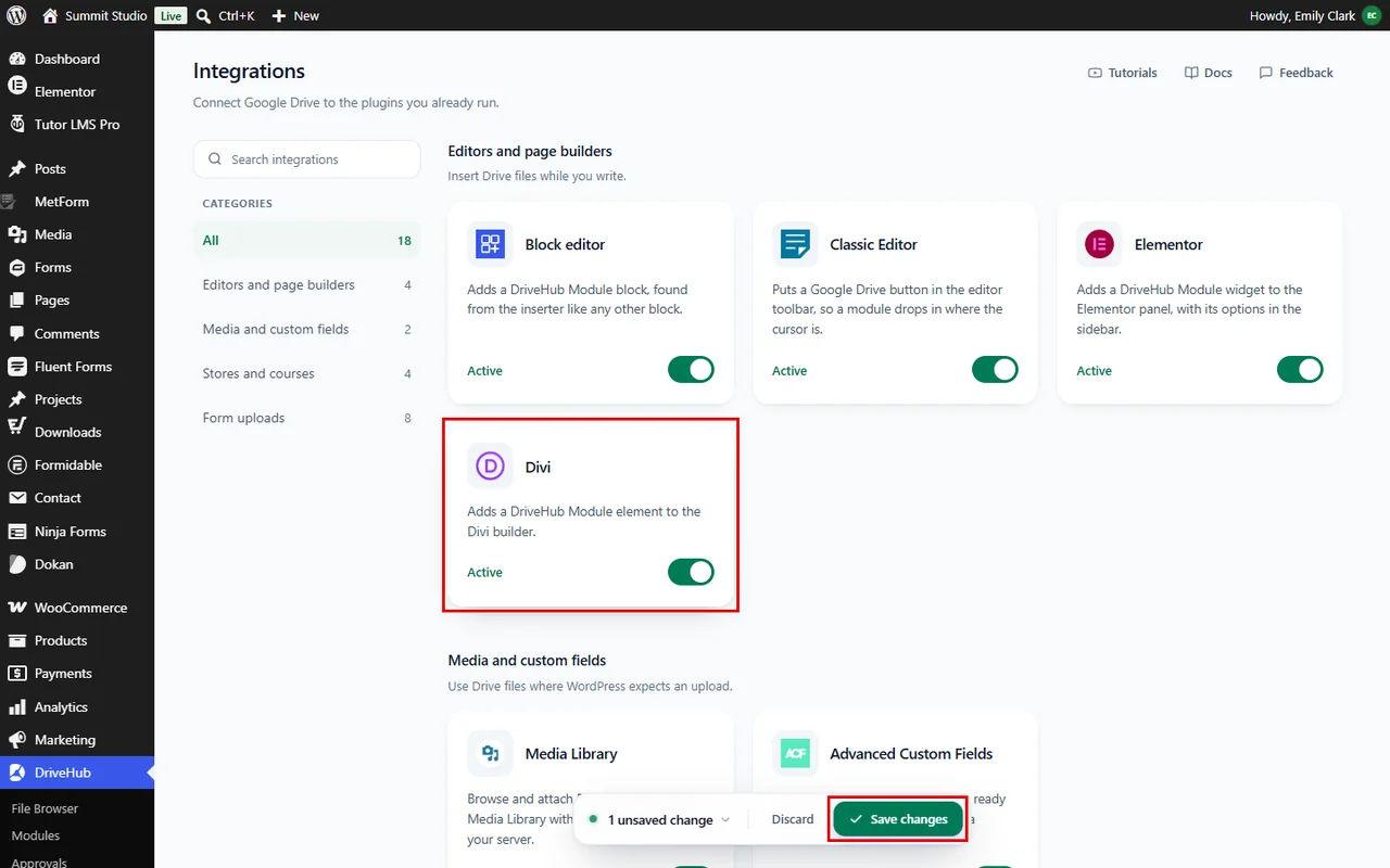 The Divi card switched on, with the Save changes button in the bar at the bottom