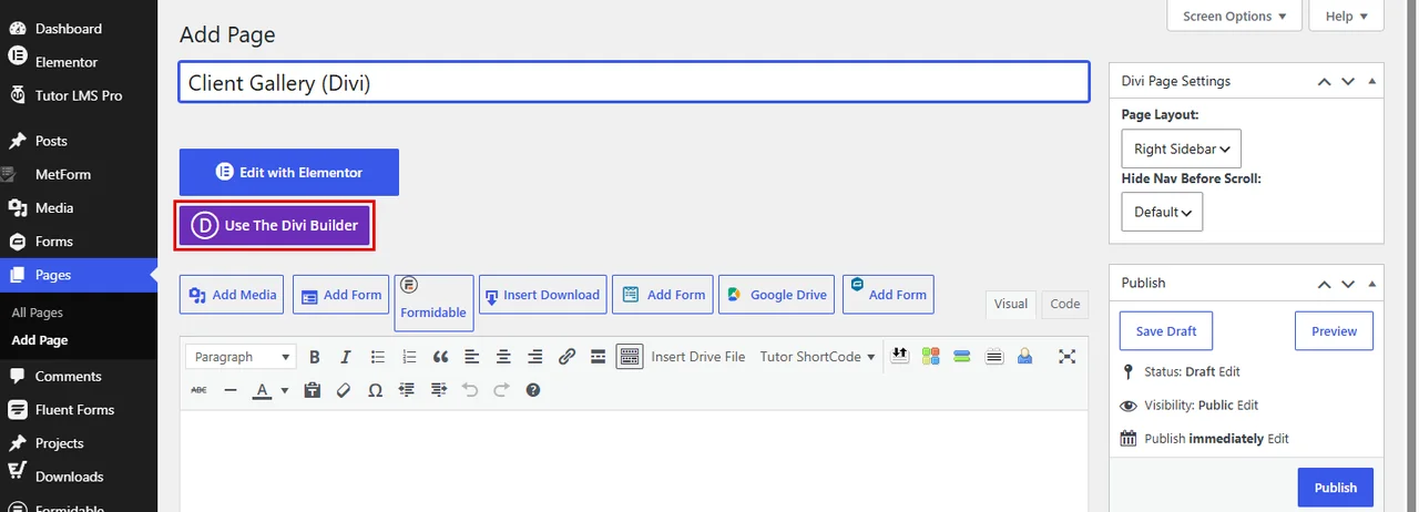 The Use The Divi Builder button on the Add Page screen