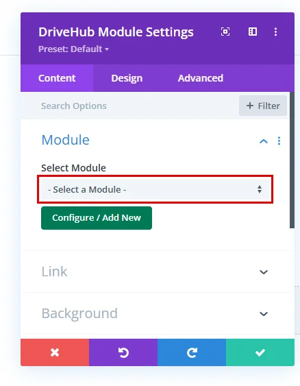 The Select Module dropdown in the DriveHub Module Settings window