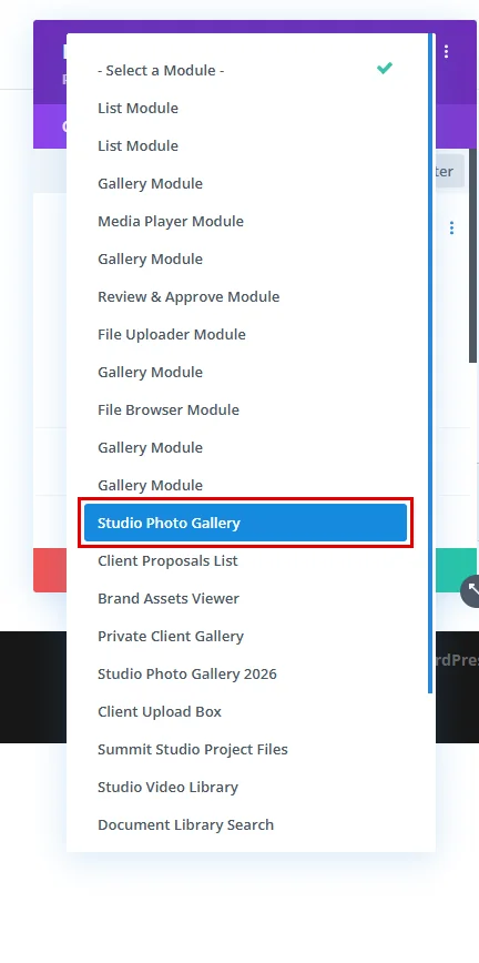Choosing Studio Photo Gallery from the Select Module list