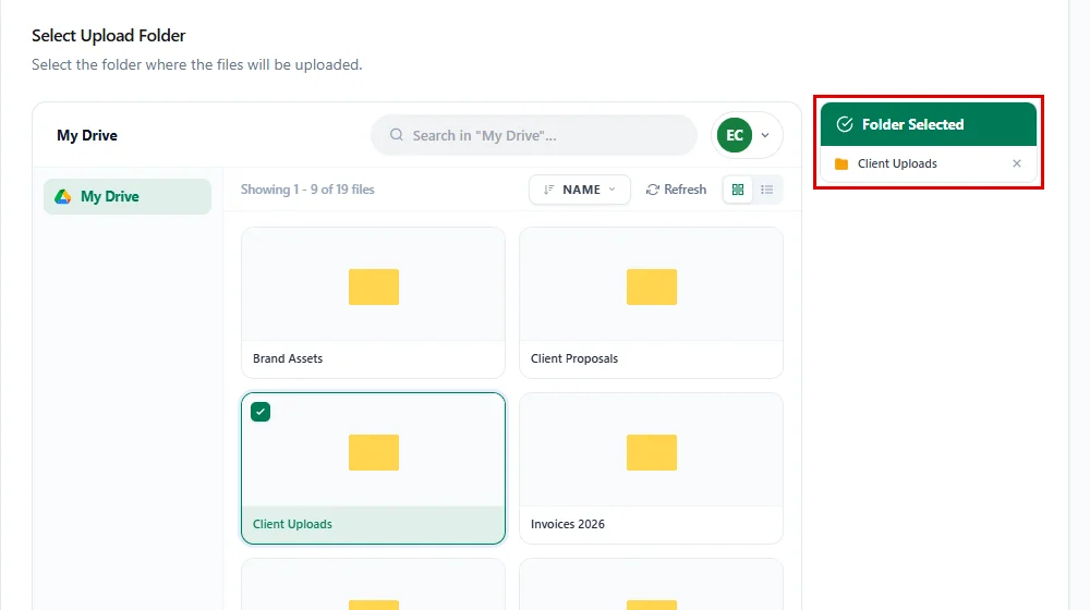 Choosing the folder in the Source tab